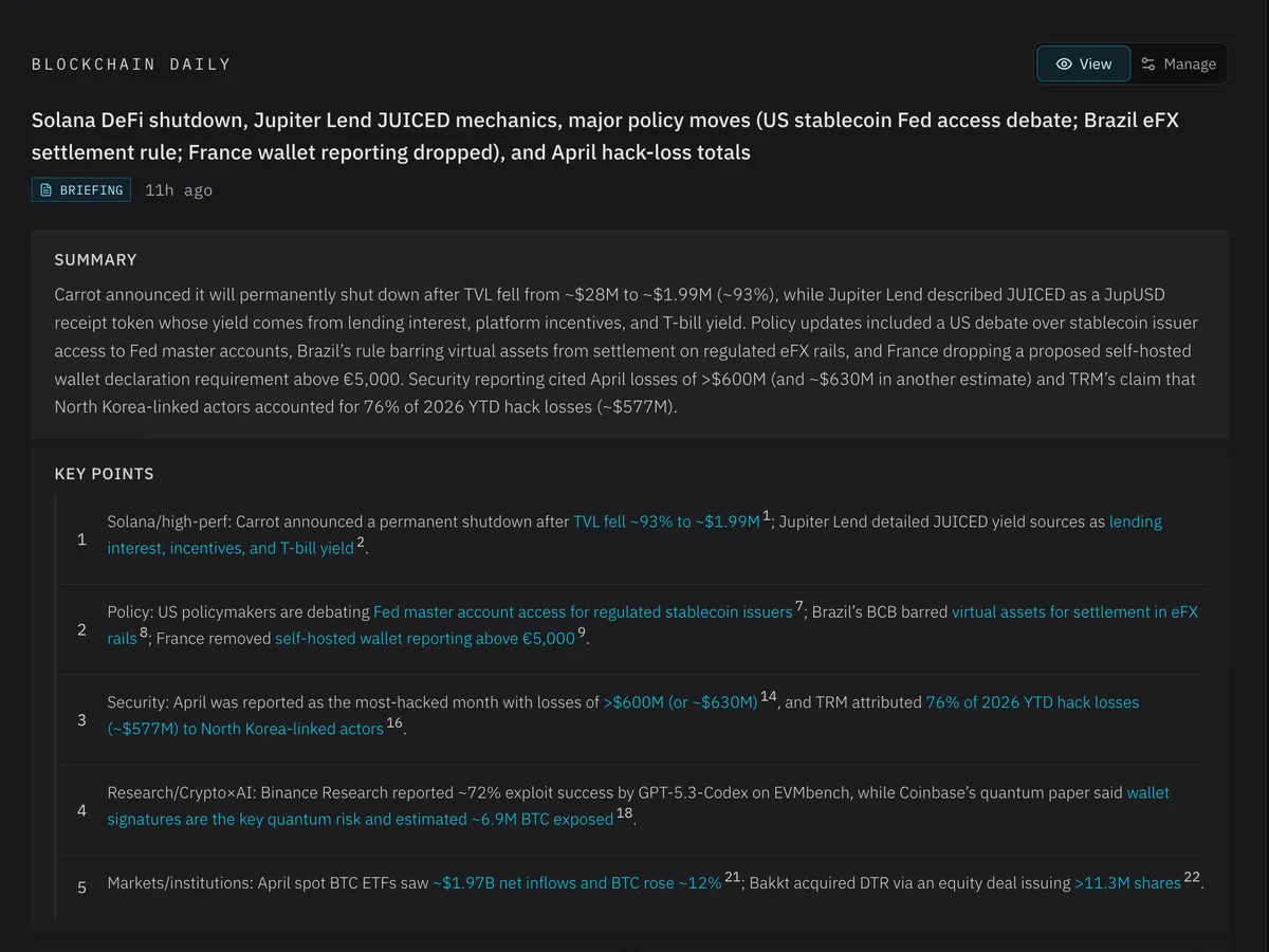 A daily blockchain briefing digest output generated by Cortex
