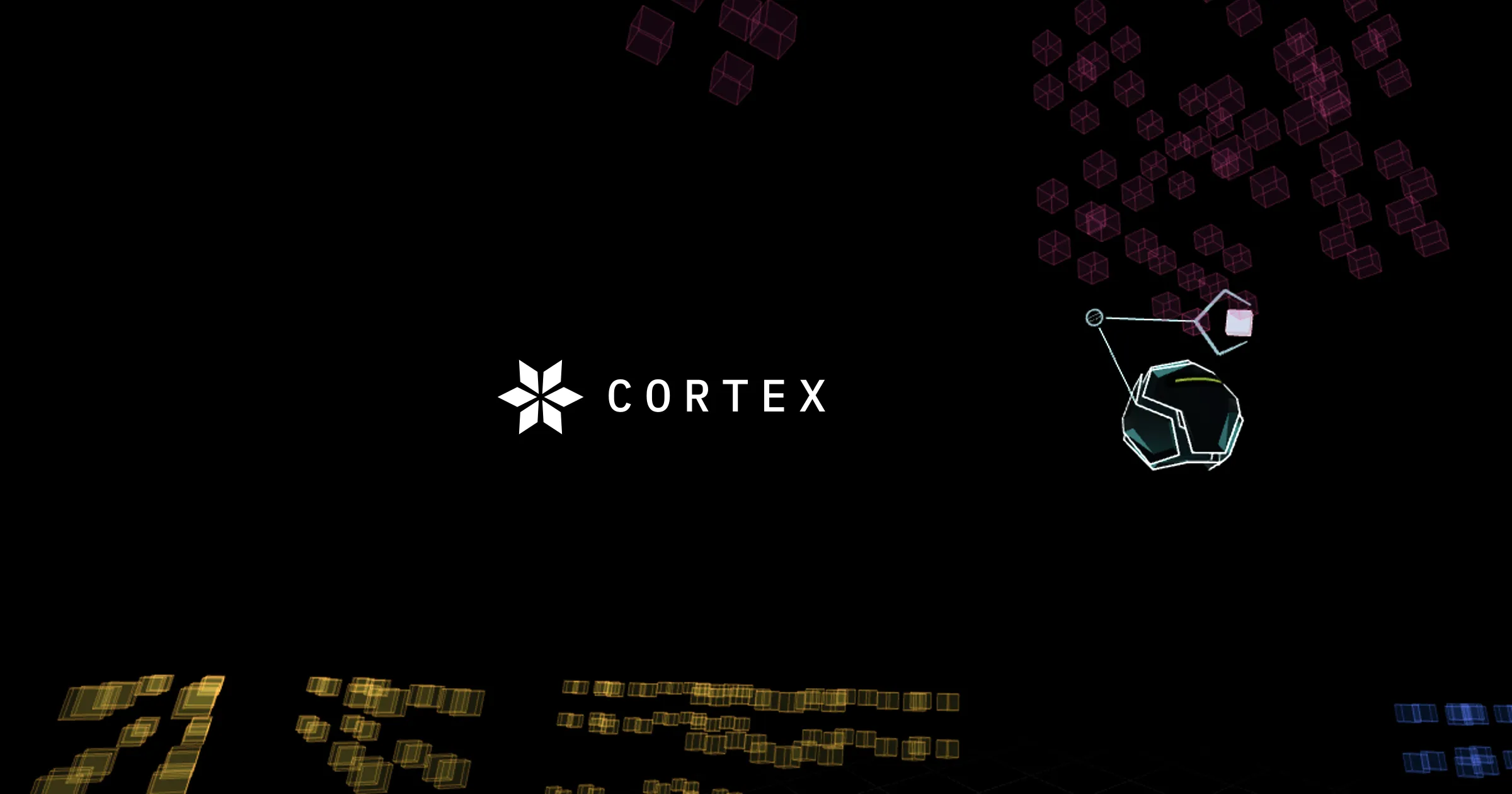 Cortex logo on the left with the AI agent and fractal cube animation scene on the right against a dark background